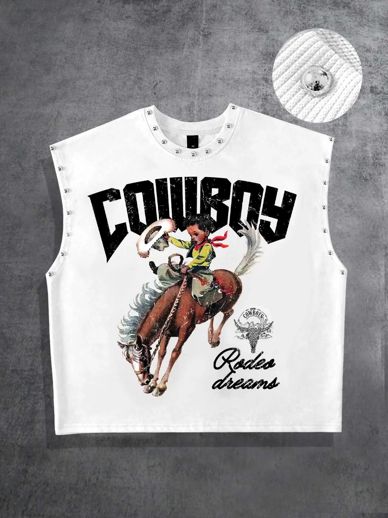 COWBOY Western Cowboy Kids Studded Short Sleeveless Vest for Men and Women, Y2K American Hip Hop Retro Distressed Equestrian Portrait Print Vest for Women and Men, Summer Western Style Street Vest for Men