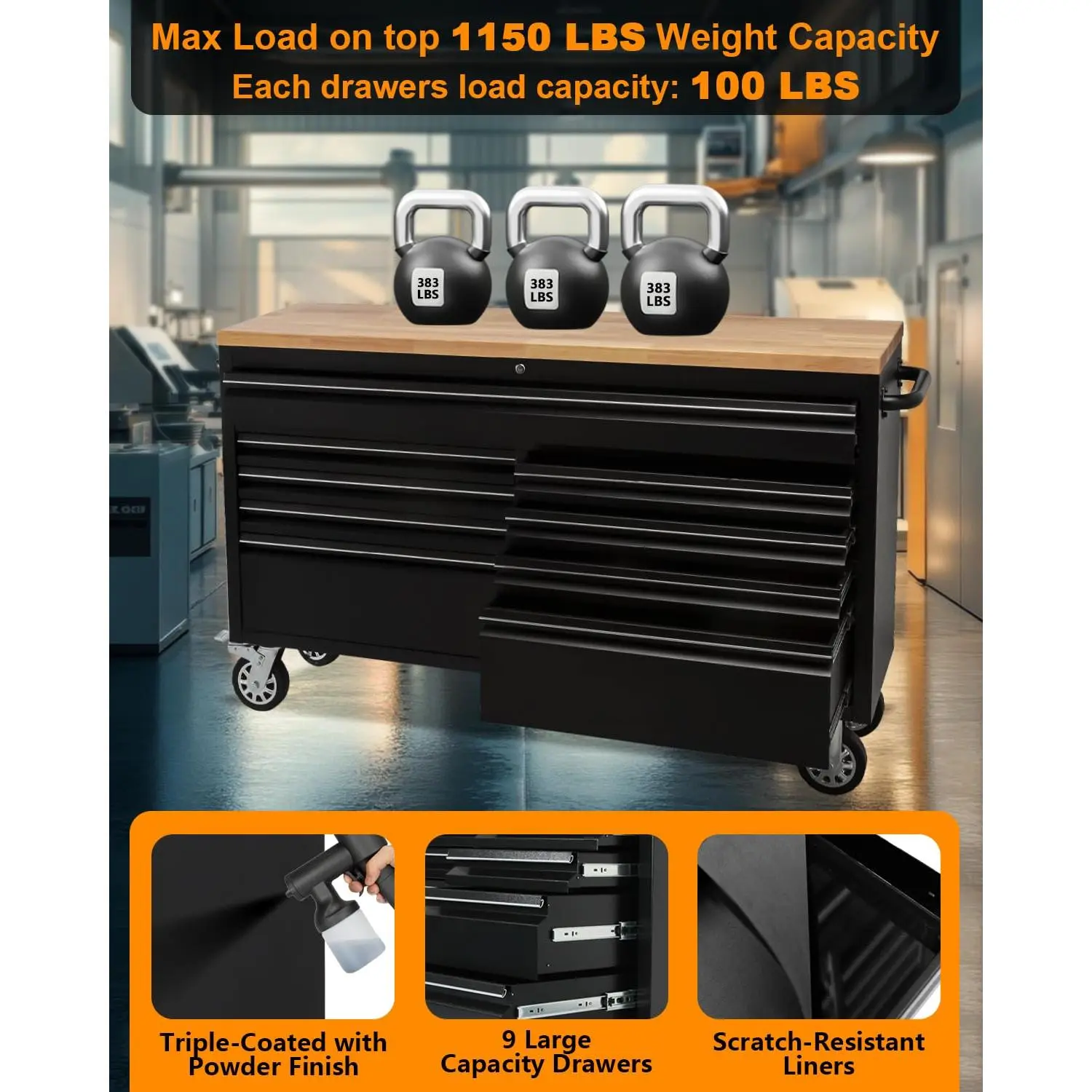 61 Inch Heavy Duty Mobile Tool Chest Tool Cabinet, with Solid Wood Top Workbench