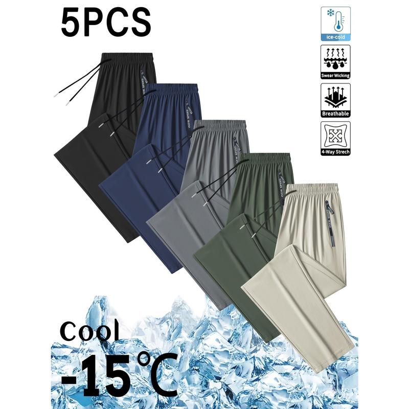 Men's 5-Piece Fitted Joggers - Polyester Blend (17.9% Spandex) Solid Breathable Male Clothing, Plus-Size All-Season Outdoor Sports Pants