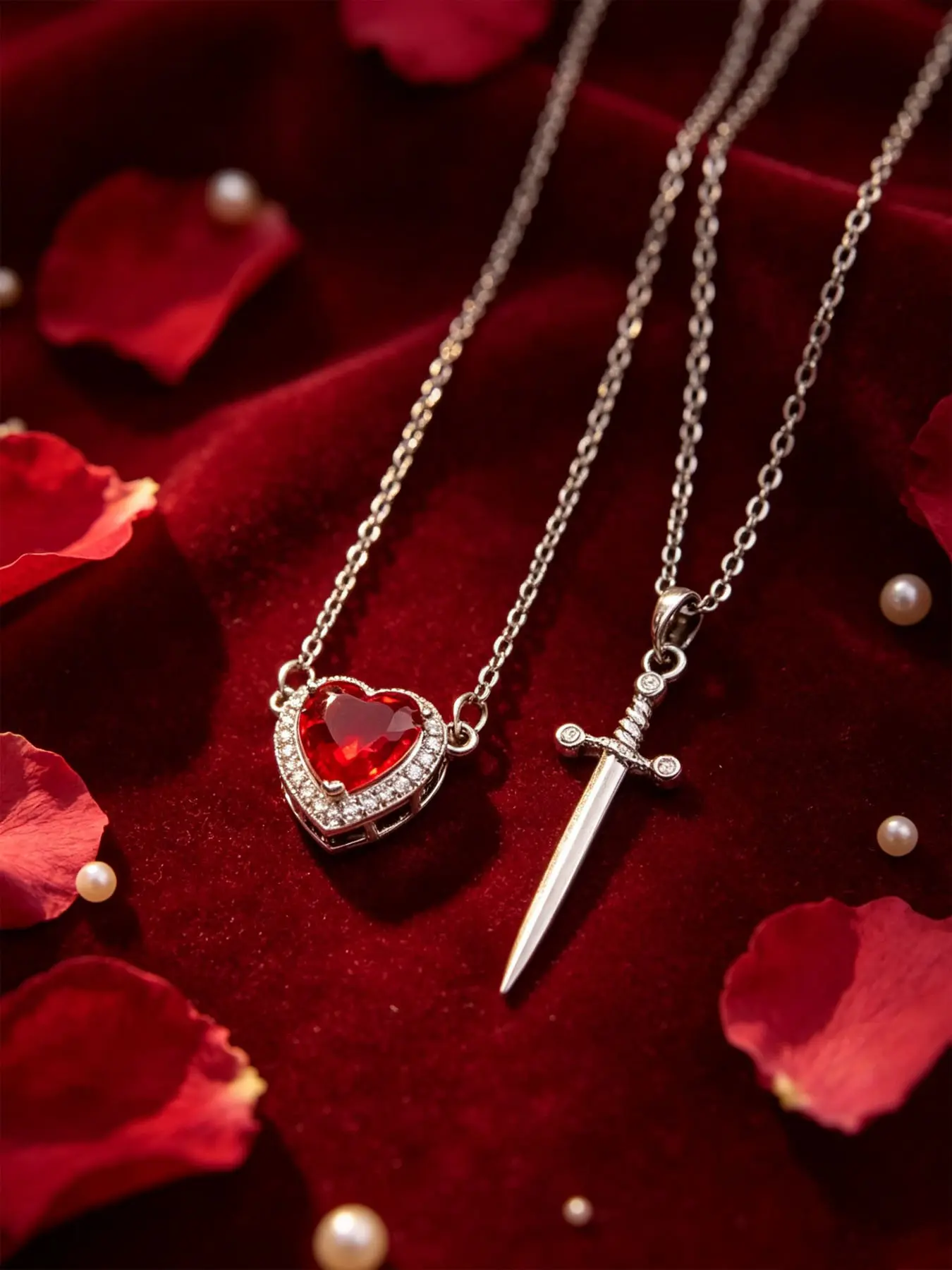 Gothic Heart and Dagger Couple Necklace Set, Unisex Valentine's Day Gift, Romantic Anniversary Jewelry, Love Pendant Necklace