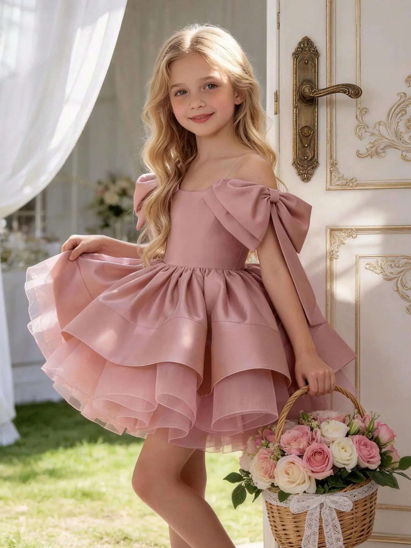 Young Girl Bow Tiered Tutu Party Dress, Little Girl Dress, Lovely Bow Dress, Elegant Princess Skirt for Birthday Party Dresses, Wedding, Dance, Festival Celebrations