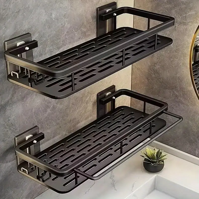 1/2/3-Piece Metal No-Drill Bathroom Shelving Set, Bathroom Accessories, Thickened, Easy-to-Install, Wall-Mounted Storage Racks, Bathroom Organizer, High-Capacity, Multi-Functional, Black & Silver, Ideal for Bathrooms