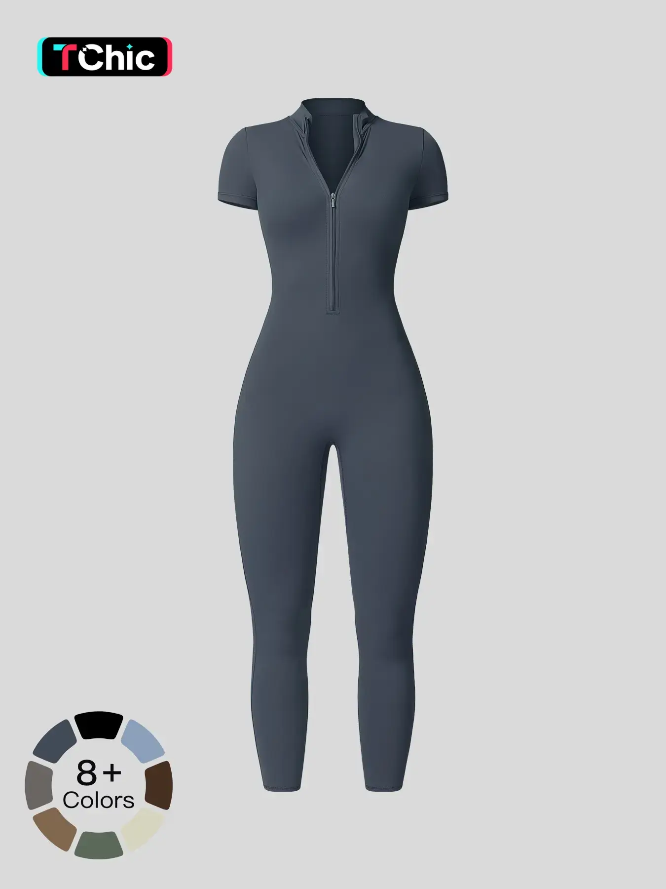 Women's Solid Short Sleeve Half Zip Sports Jumpsuit, Stretchy Jumpsuit, Activewear Jumpsuit, Sporty Stand Collar Skinny Fit Jumpsuit for Yoga Gym Workout, Workout Jumpsuits, Ladies Sportswear for All Seasons