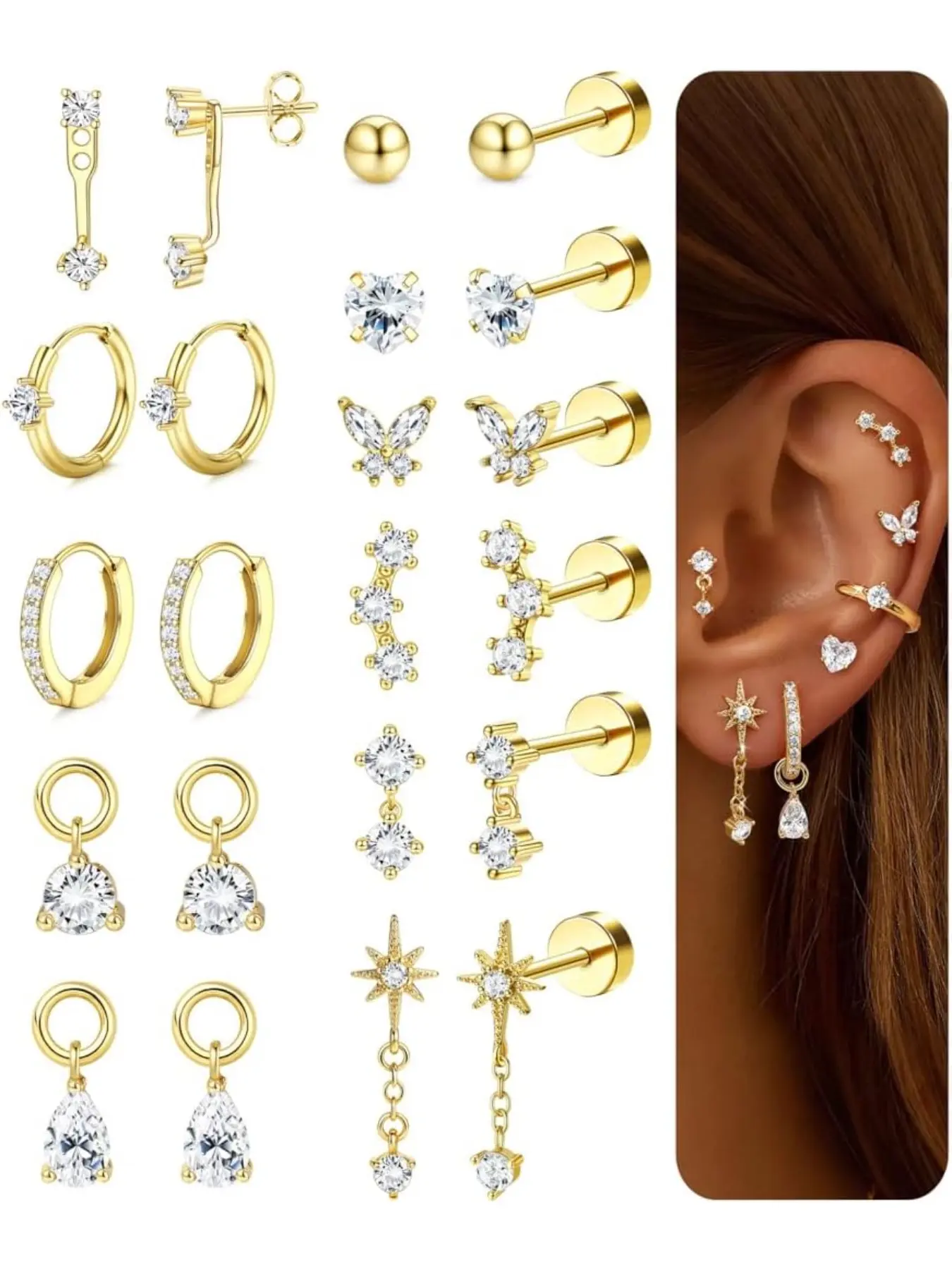11 Pairs Stainless Steel Flat Back Earrings Set for Women Girls 14K Gold Plated Hoop Stud  Earring Flatback Cartilage Tragus Helix Piercing Jewelry Gifts Hypoallergenic Earring Studs