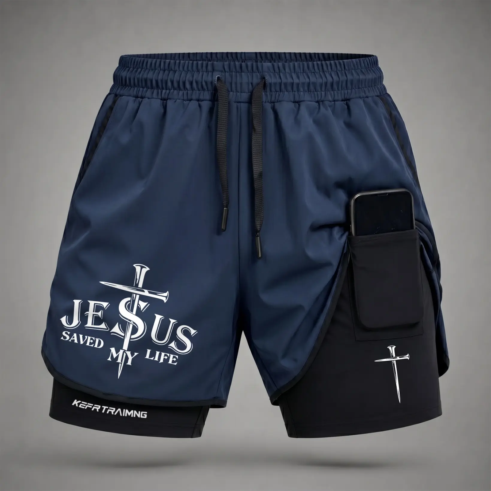 Men’s “Jesus Saved My Life” Nail Cross Graphic Print 2-in-1 Athletic Shorts, Built-in Compression Liner, Secure Inner Phone Pocket, Elastic Drawstring Waist, Quick-Dry Gym Running Training Shorts for Summer Daily Wear