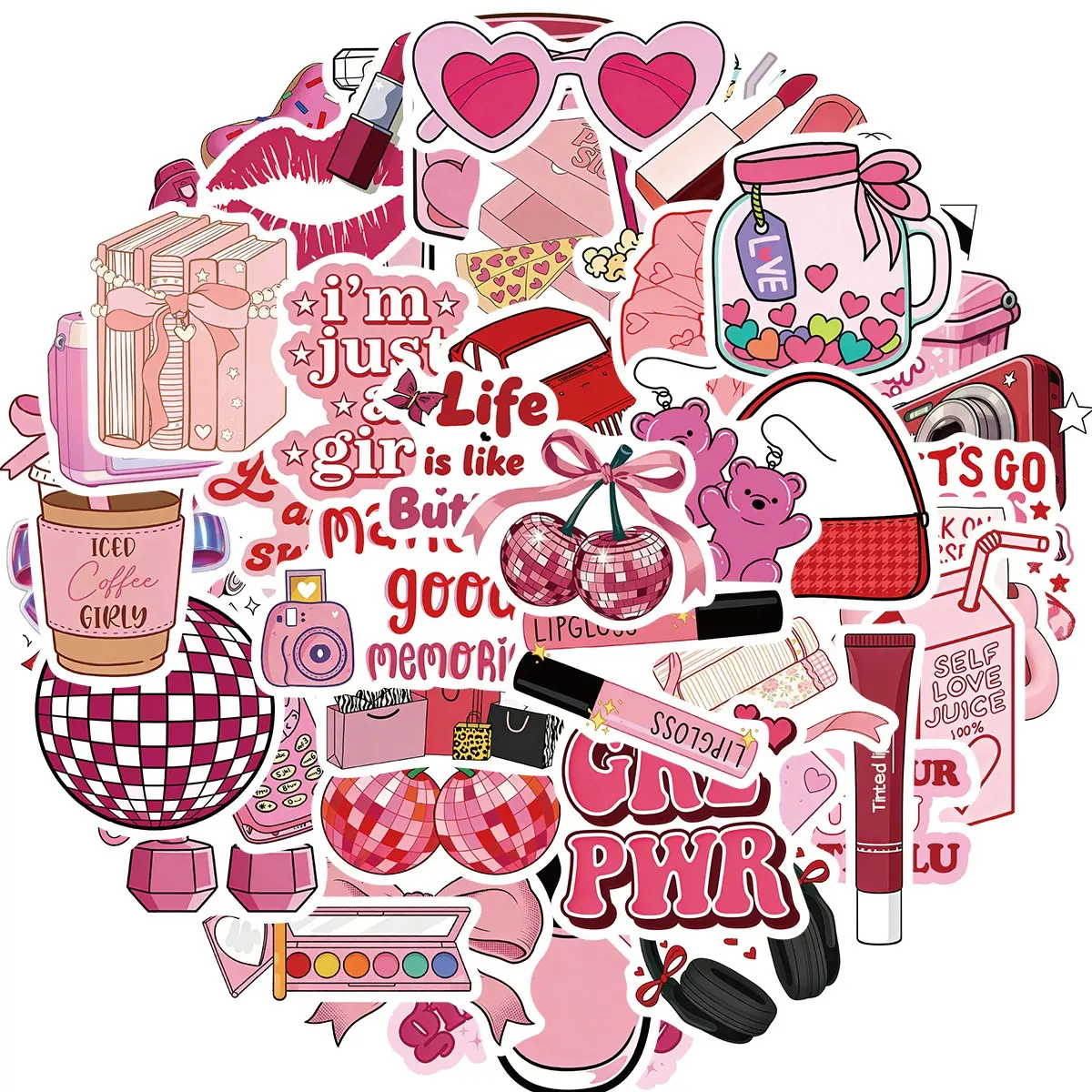 S260511033860 50 PCS Coquette Stickers, Pink Aesthetic Waterproof Vinyl Stickers for Girls, Preppy Sticker for Laptop, Water Bottles, Guitar Computer