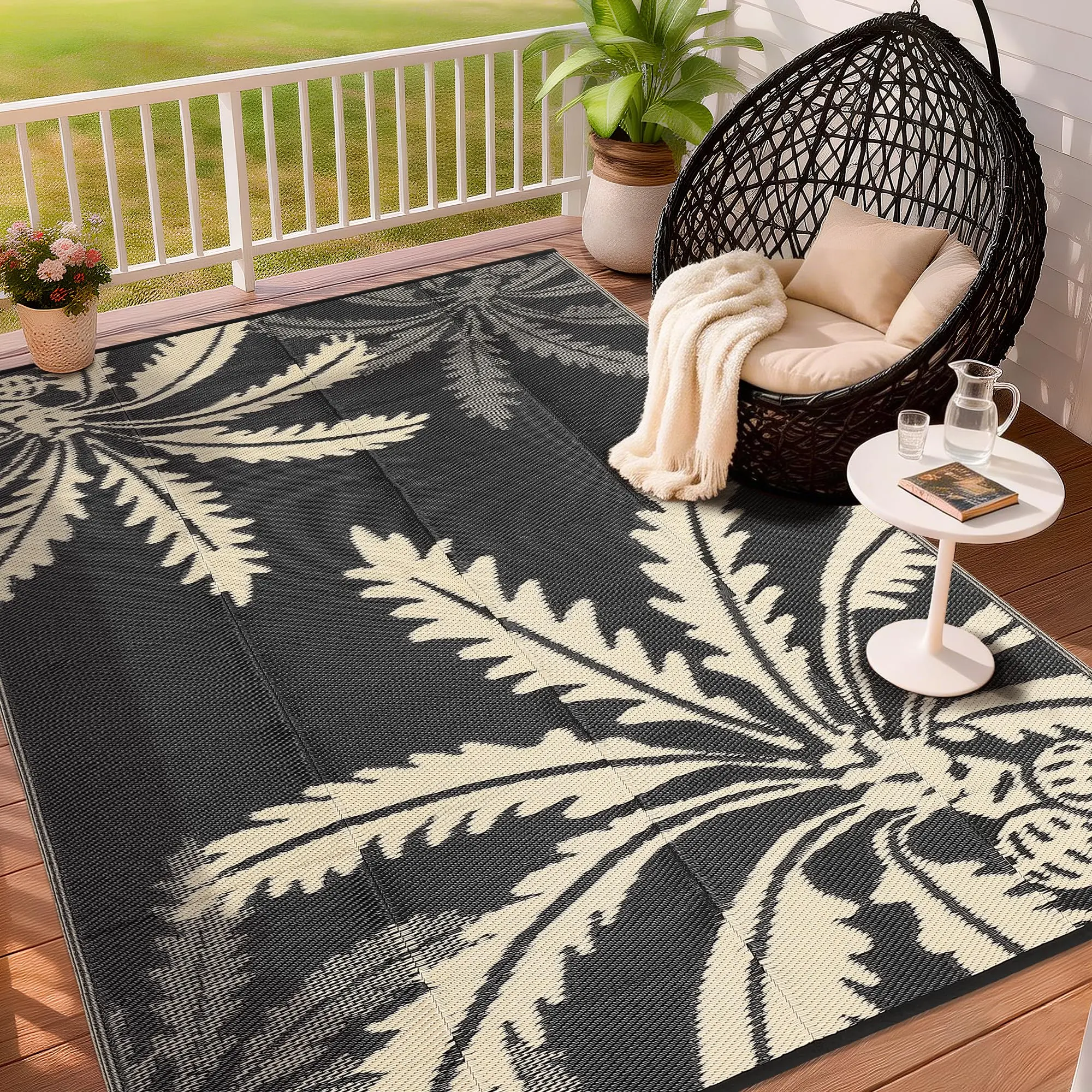 GARVEE Waterproof 5x8 Patio Mat, Reversible Modern Plastic Straw Outdoor Area Rug for Camping, Porch, Backyard