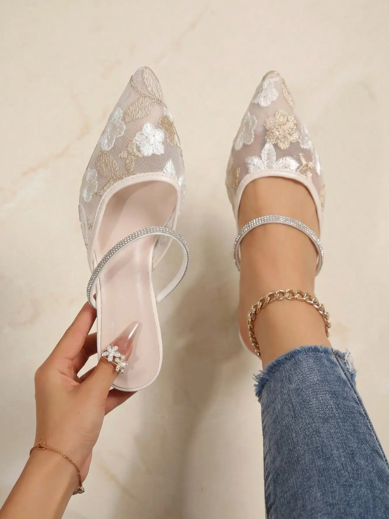 New Elegant Mesh Embroidered Flower Pointed Toe Stiletto Heels, French Luxury Women's High Heel Sandals for Daily Wear, Business & Casual Style