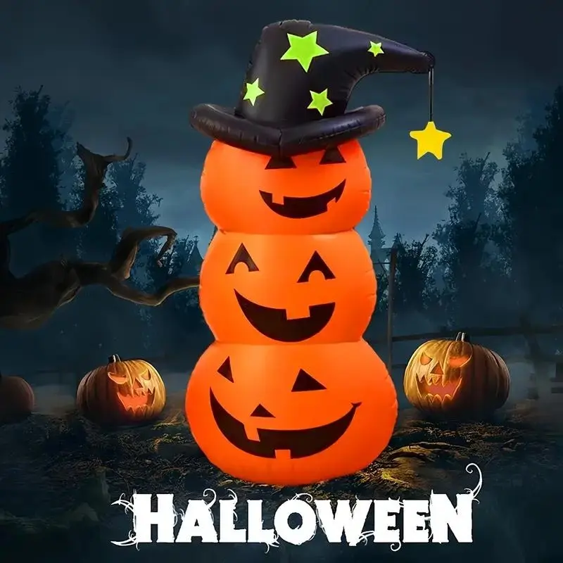 Halloween Inflatable Giant Pumpkin Decoration Set with Witch Hat, Standing Outdoor Party Decor