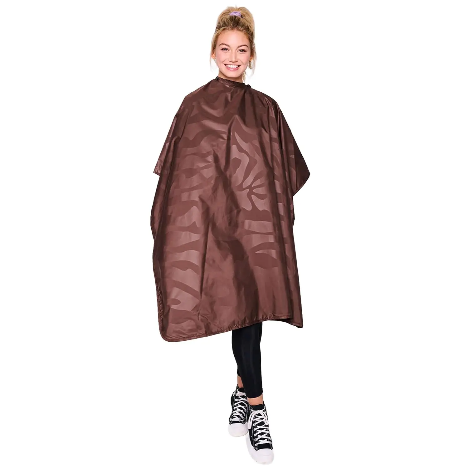 Bleach, Color & Chemical Proof All Purpose Salon Styling Cape, 45" x 60", Brown, Lightweight Embossed Polyester, Snap Closure, Machine Washable