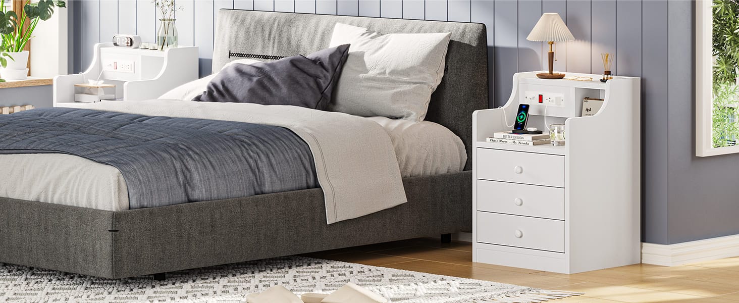 Sikaic Nightstand with 3 Drawers Charging Station White Bedside Cabinet Modern Accent Tables USB Ports Power Outlets Storage Modern Furniture