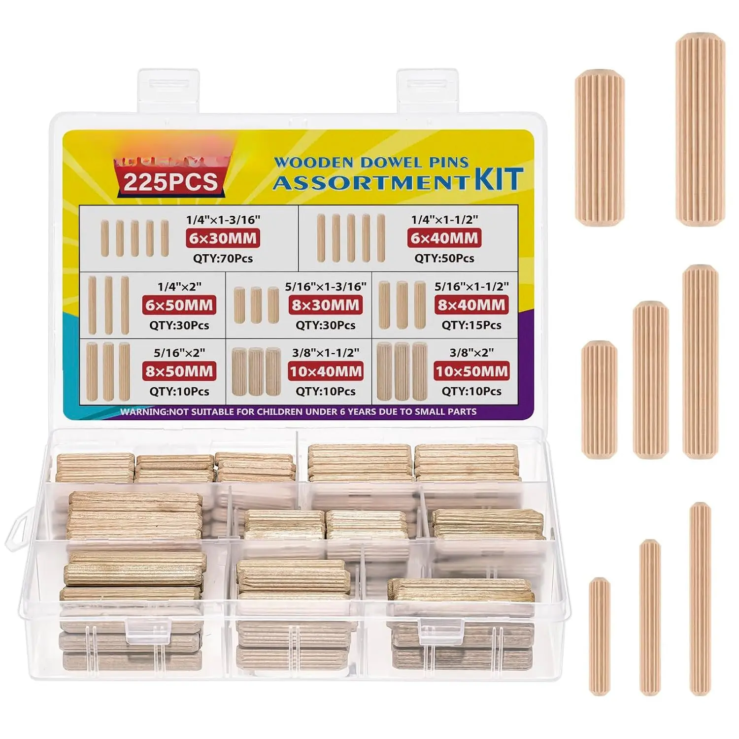 8 Values  Dowels Kit 1/4 3/8 5/16 Inch Fluted Wooden Dowel Pins Pegs  for Furniture Woodworking DIY Crafts (Pack of 225 count)