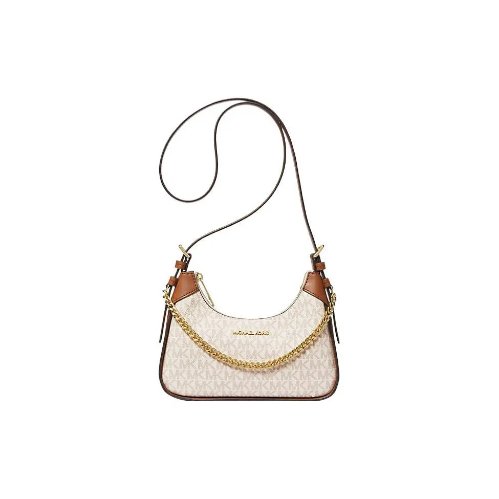 Michael Kors MK Wilma Classic Monogram Chain Zip Crossbody Bag for Women, Vanilla and Brown