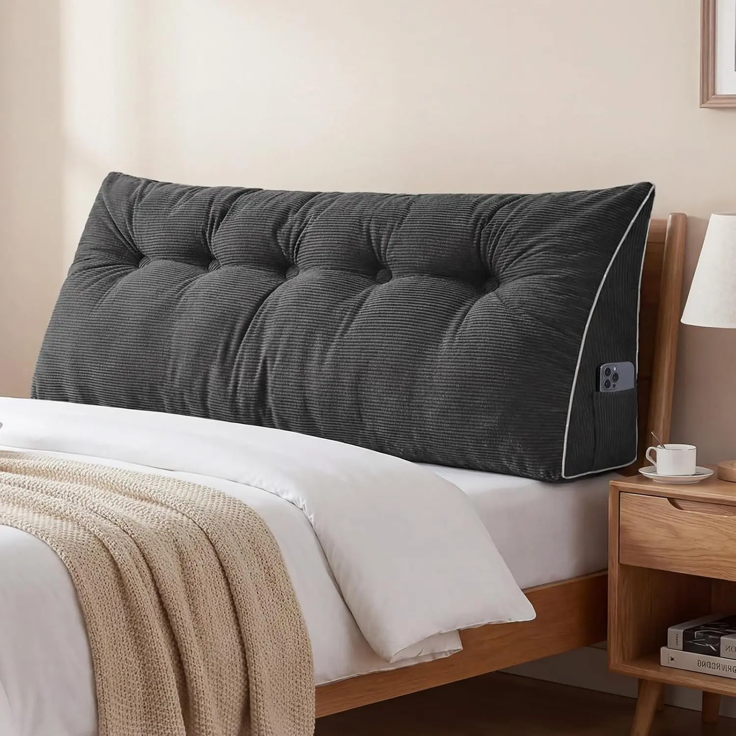 Headboard Pillow Queen, Wedge Pillow Headboard, Dark Grey| Triangle Backrest Cushion for Sitting or Reading in Bed, Dorm, OEKO-TEX, Down Alternative Fill, Side Pockets