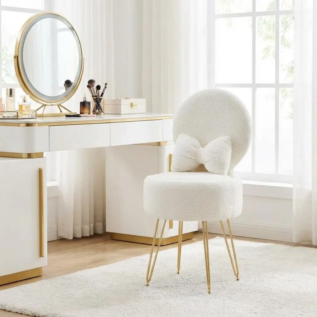 Vanity Stool Chair with Pillow & Foldable Backrest, 15.7" x 15.7" x 33.4" Sherpa Fleece Vanity Chair with Pillow and Metal Legs, Comfy Storage Ottoman, Accent Chairs for Makeup Bedroom Living Room