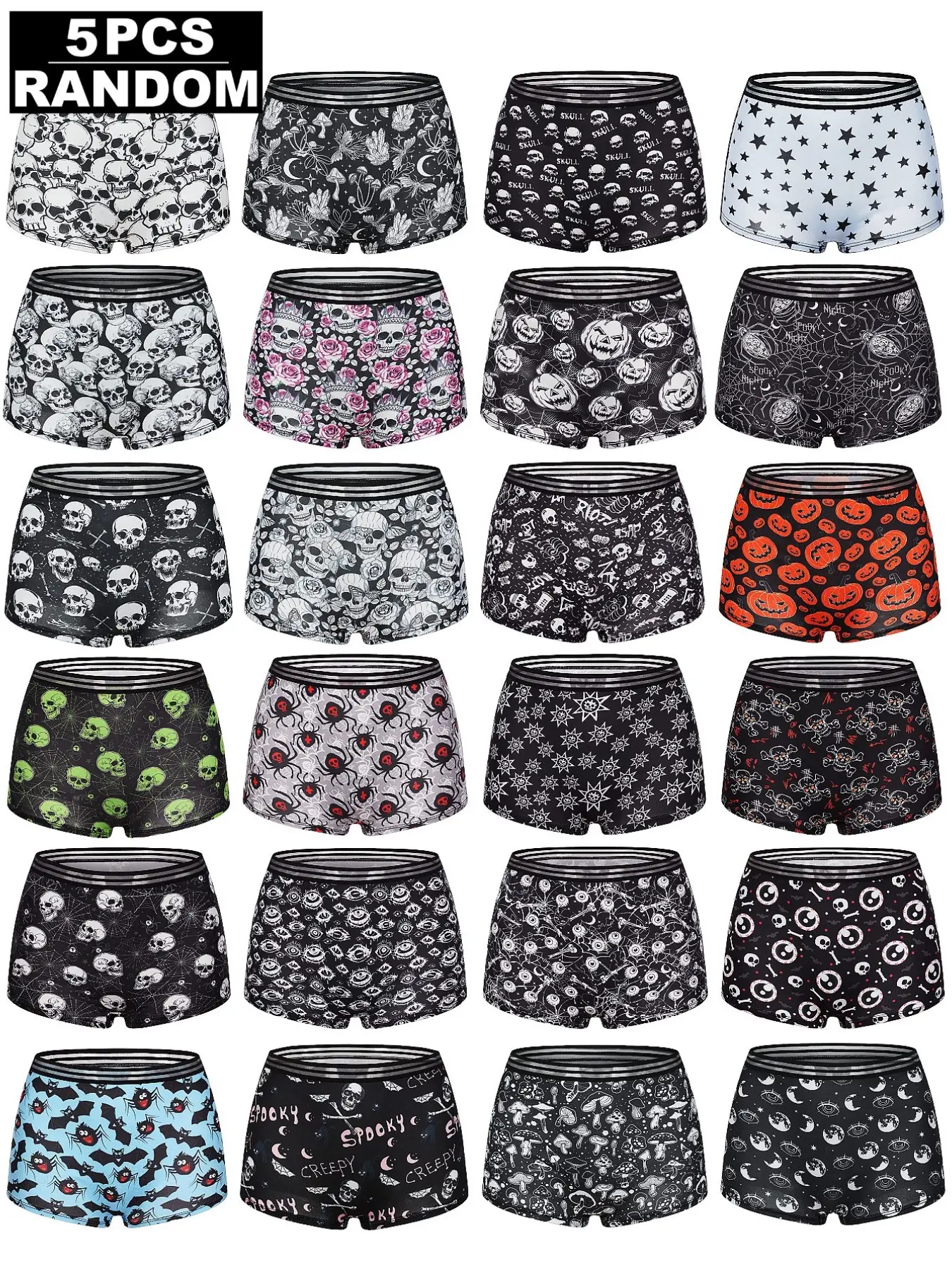 5-Pack Gothic Horror Print Women Boxer Shorts, Soft Stretch Boyshort, Stretchy Underwear, Mixed Skull, Spider, Pumpkin, Bat Spooky Pattern Elastic Striped Waist Lounge Panties for Alt Girls
