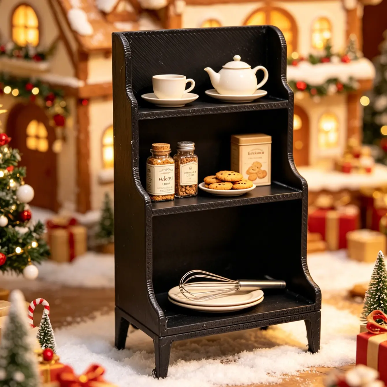 Miniature Three-Tier Bookcase, Storage Cabinet, Kitchen Sideboard, Dollhouse Model House Accessory, Doll House Furniture, Photography Prop, Micro Landscape Decor, Cookies, Tea Cup, Tea Set, Bottles