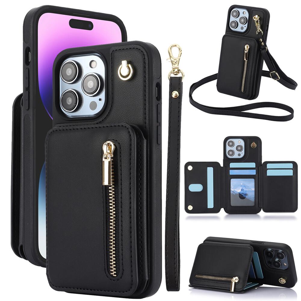 Lotosug Wallet Case for iPhone 17 Pro Max 16 15 14 13 12 11 PU Leather RFID Blocking Cash Holder Card Wallet Flip Stand Protective Cover Crossbody Lanyard Strap Wristband, Zipper Phone Case
