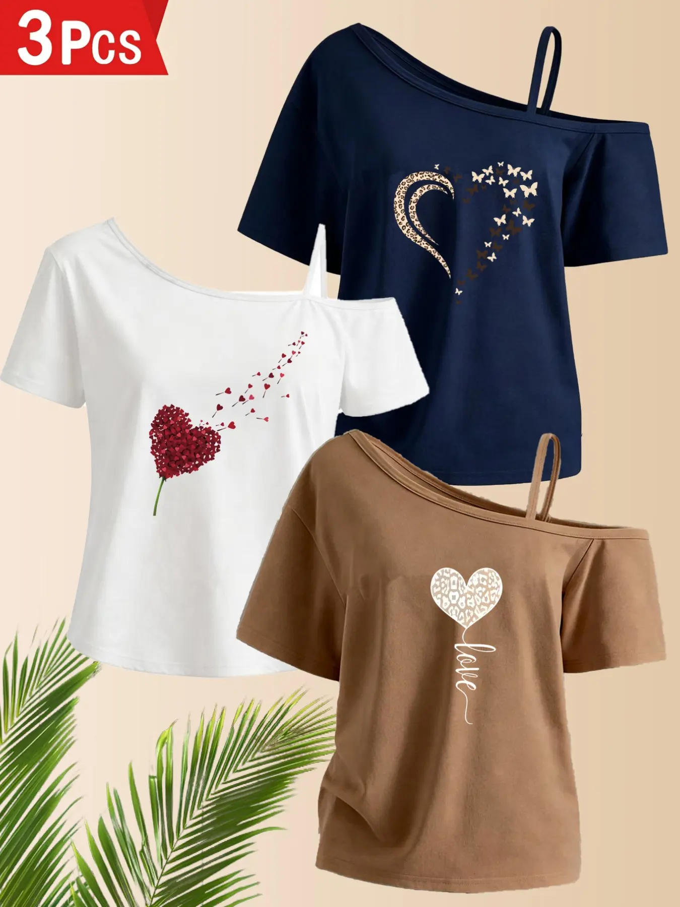 3-Pack Asymmetrical Neck Halter Top Women's Short Sleeve T-Shirts, Asymmetrical Neck Tee, Heart Print Fashion Tops, Spring Summer Daily Wear Casual Streetwear Look