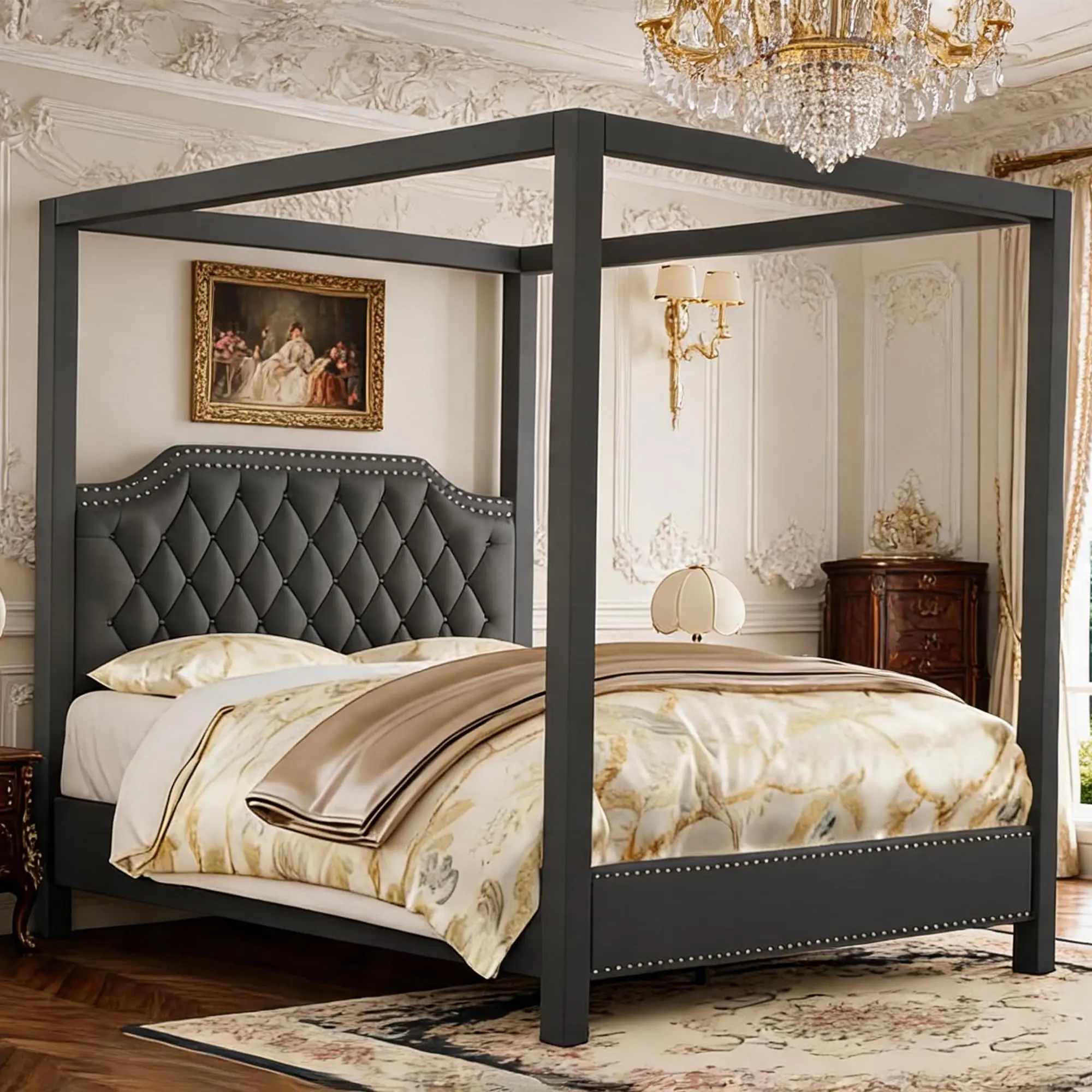 Upholstered 4-Poster Canopy Platform Bed Frame with Button-Tufted Nailhead Headboard, Wood Slat Support, Slide Rails, No Box Spring Needed, Noise-Free, King Size