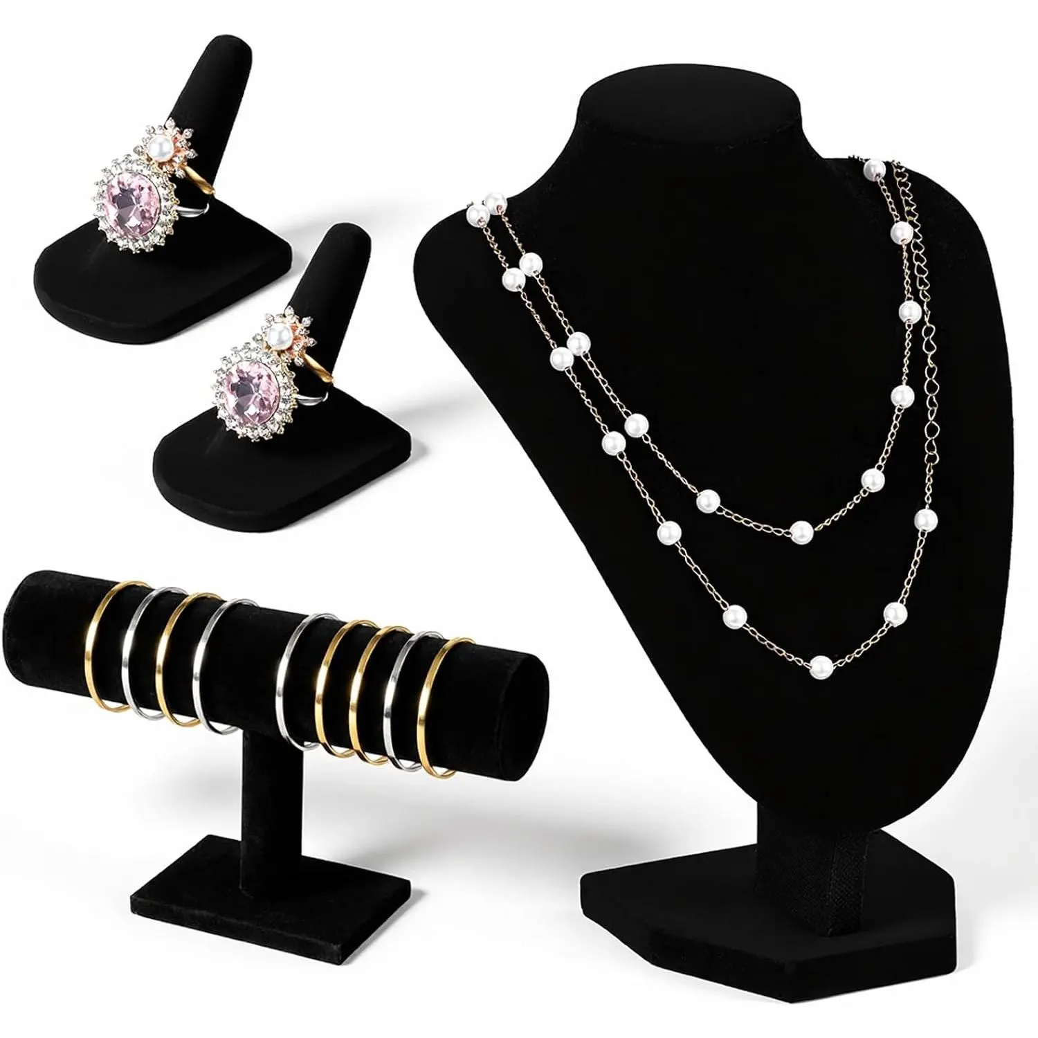 4 count   Display Set,  Necklace Bust Holder 2 count Velvets Ring Finger  Holder Bracelet Organizer for Necklaces, Bracelets, Bangles, Chains, Anklets for Jewelrys