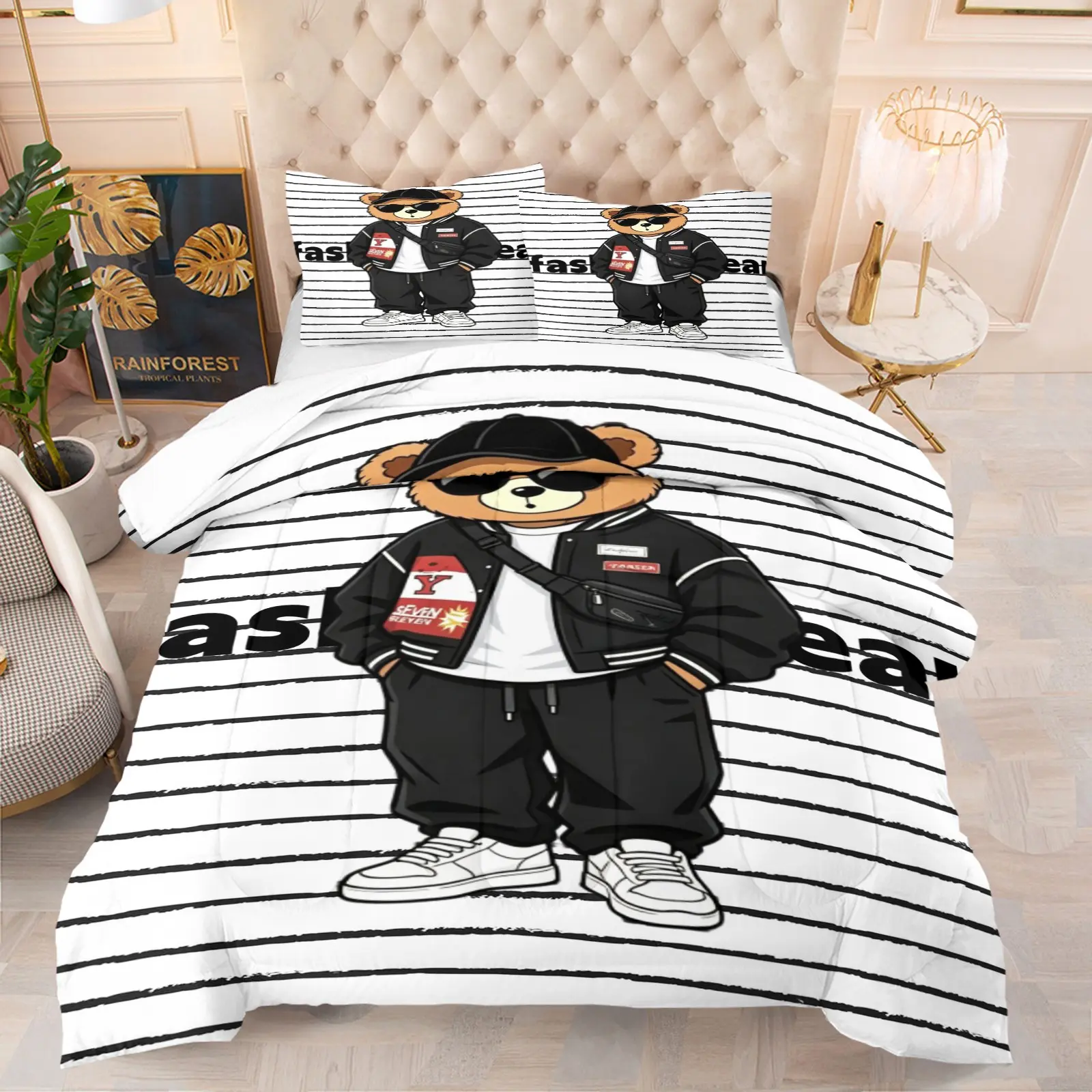 Bear print pattern set, including 1 blanket and 1 or 2 pillowcases without pillowcases, soft children's and adult bedroom decoration gifts, Comfy Bedding Sets