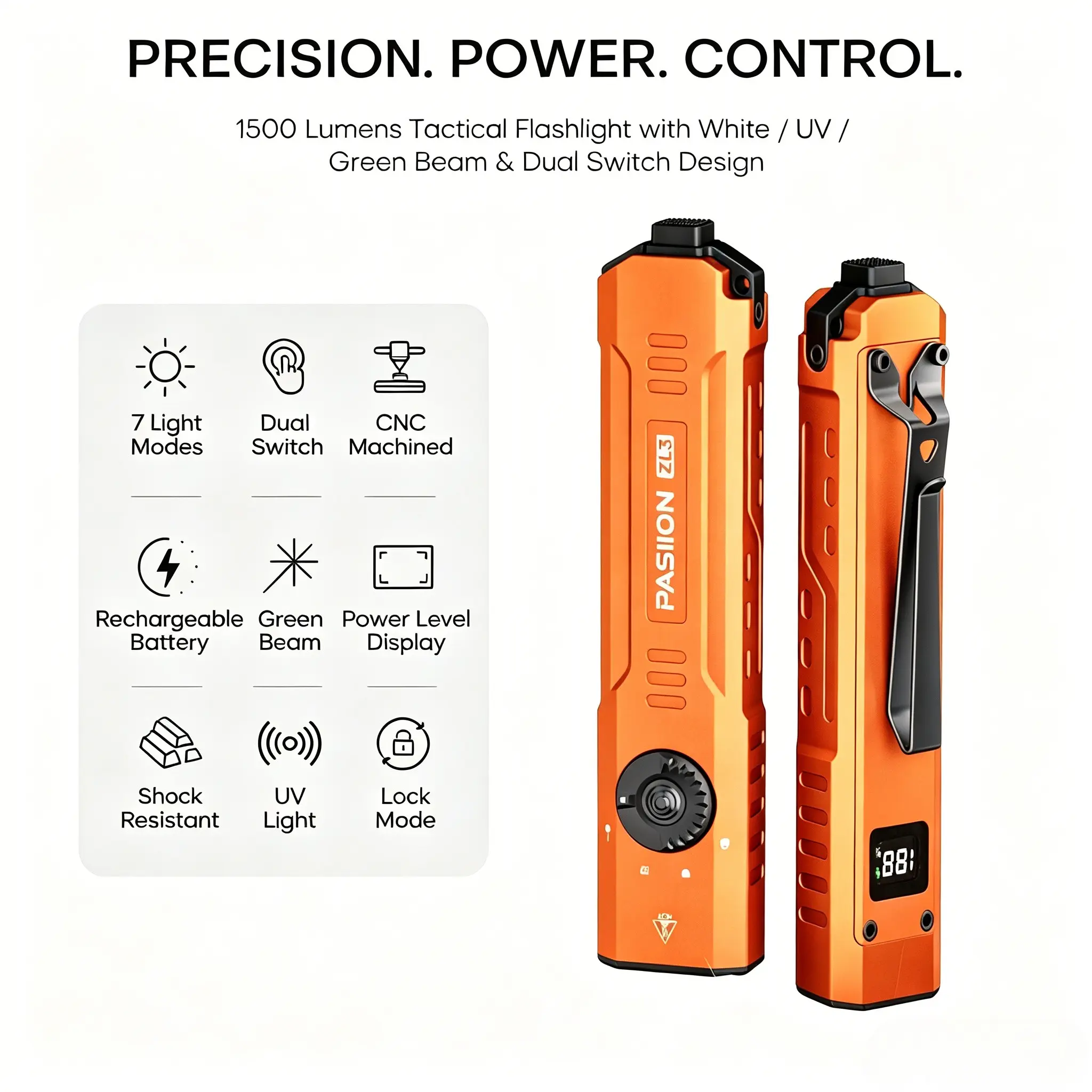 Edc Outdoor Tactical Flashlight with 365nm UV Light, High Performance Flashlight, USB-C Rechargeable, Ipx6 Waterproof, LCD Power Display, Ideal for Camping & Emergency Use