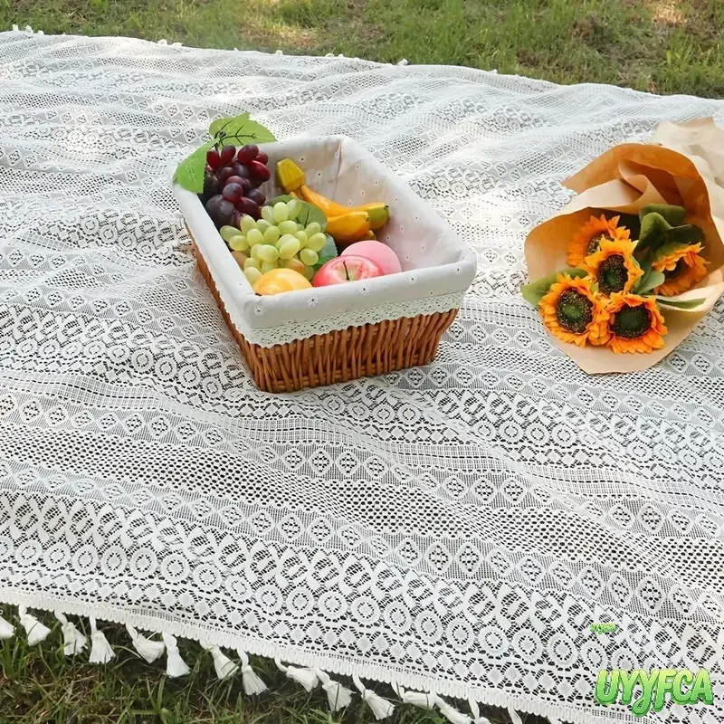 Boho Crochet Lace Picnic Blanket with Tassel Trim, Cottagecore Cream Woven Throw, Lightweight Foldable Multi Use Mat, Aesthetic Decorative Cover for Park Picnic Camping Backyard Party Camping Equipment, Camping Gear,Beach outfits,Summerwins
