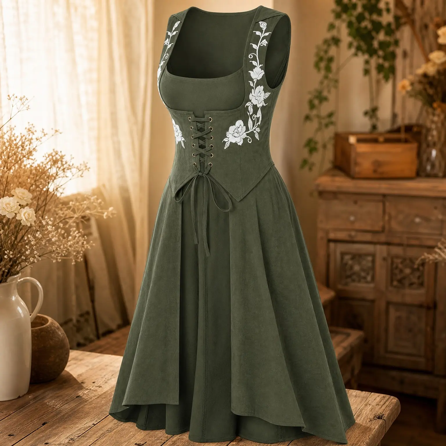 Hooded Renaissance Dress Medieval Underbust Pirate Costume with Floral Embroidery, Lace-Up, Underbust Cut, Zip, Pockets, Asymmetrical Hem for Ren Faire & Cosplay(Gift)