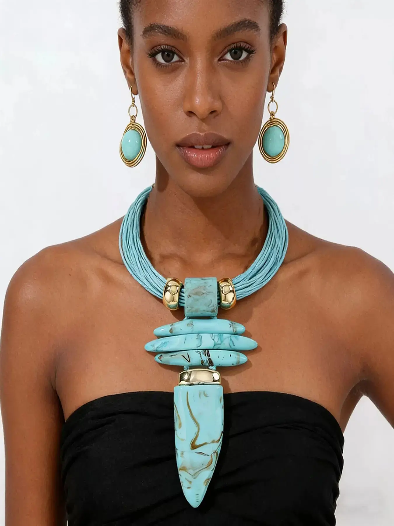 Bohemian Fashion Exaggerated Resin Scepter Lucky Stone Pendant Necklace Earring Matching Casual Earrings Set Jewellery