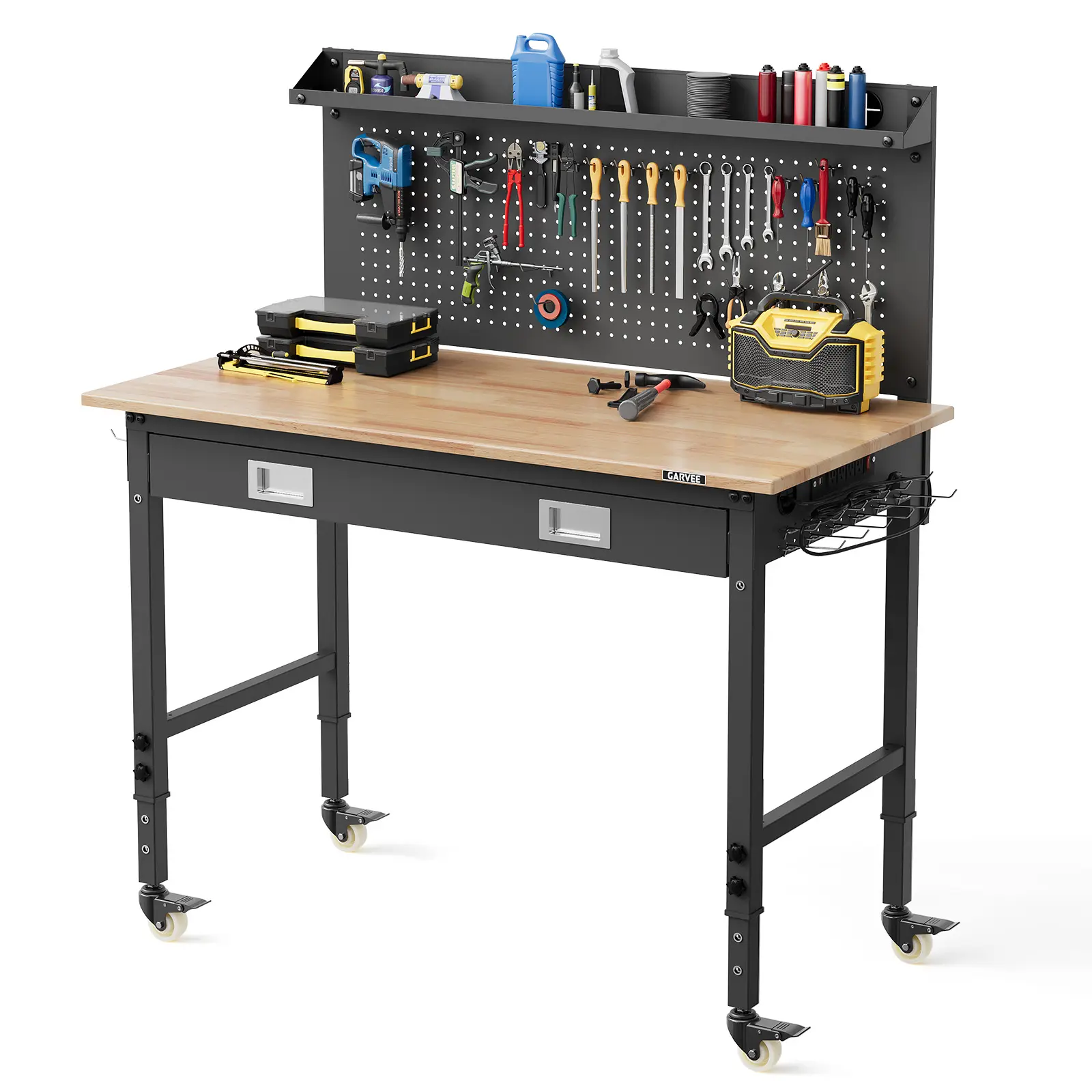 Heavy Duty Workbench with Drawer, Back Panel, LED Light, ETL Power Outlets, Pegboard, Hooks, 6 Adjustable Heights, 2000lb Load, Swivel Casters,