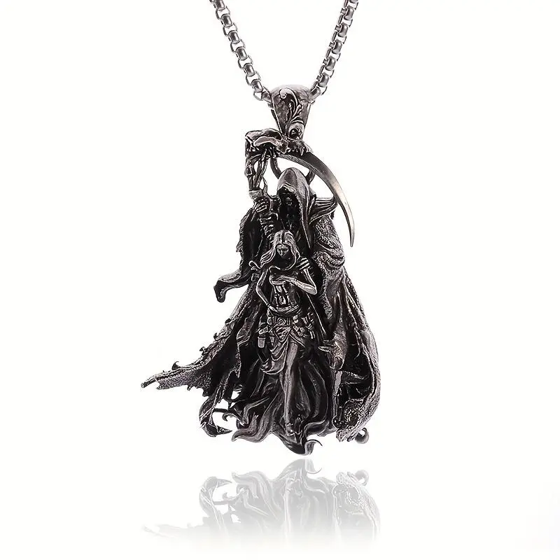 Death Scythe Alloy Pendant Necklace - Vintage Punk Gothic Figure Jewelry for Men, Halloween Wear Accessory for Concerts & Daily Use, Alloy Chain, Demon Pendant