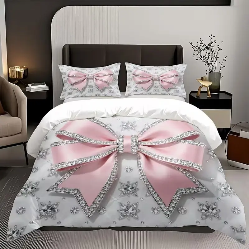 Diamond Bow Print Bedspread Set, 1 Bedspread + 2 Pillowcases (no Padding), High-Definition Printing, Home & Dorm Bedding