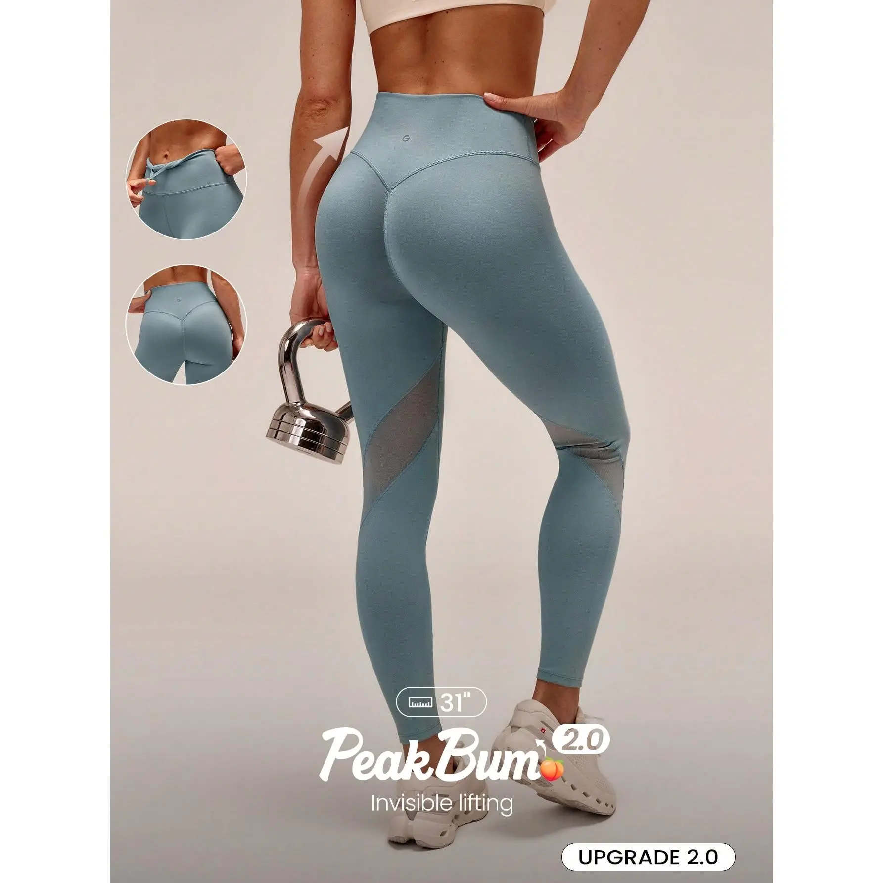 GLOWMODE 24" Powersculpt StudioShape Peakbum Leggings With Mesh Paneling Drawstring Anti-Roll Down Waist High Impact Training Workout Gym Fitness Wear