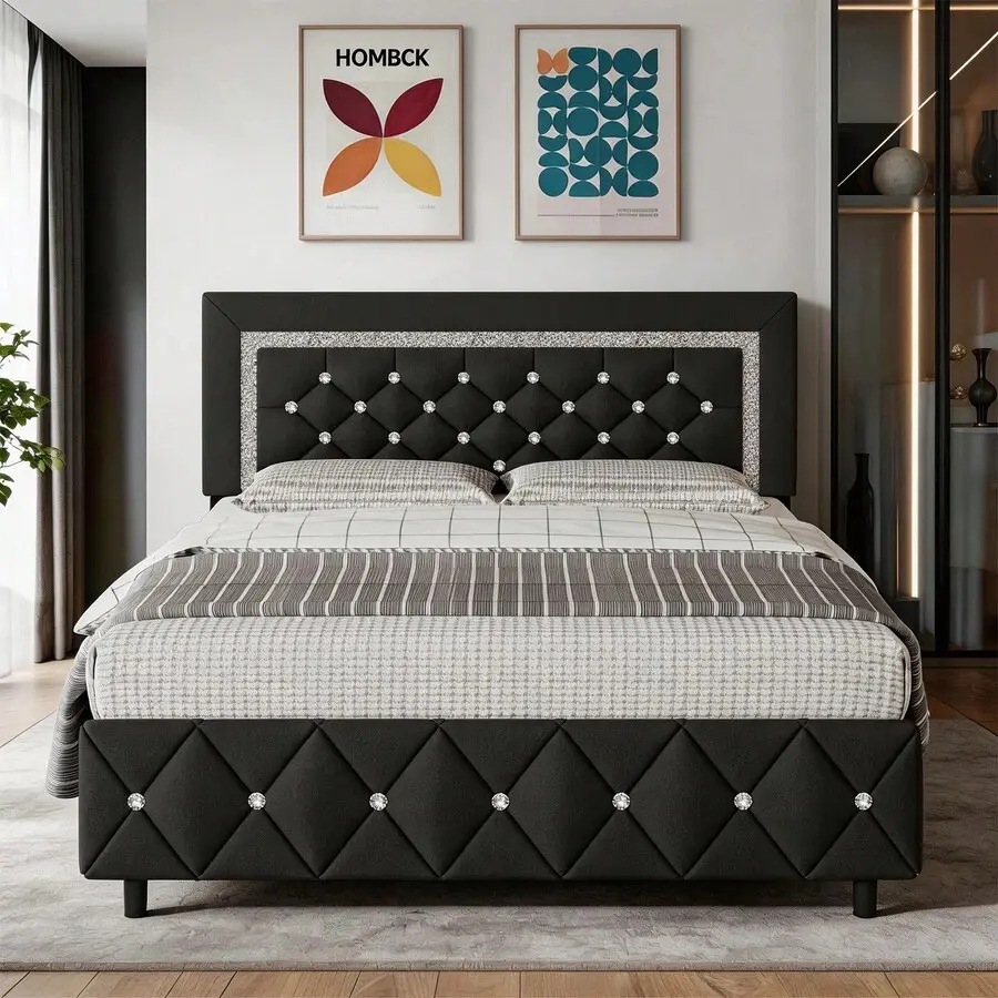 Upholstered Bed Frame, Modern Platform Bed Frame With Diamond Headboard And Footboard, No Boxing Spring Needed, Easy Assembly, Black/ Grey/ Pink/ Purple/ White/ Beige / Green, Twin/ Full/ Queen/ King