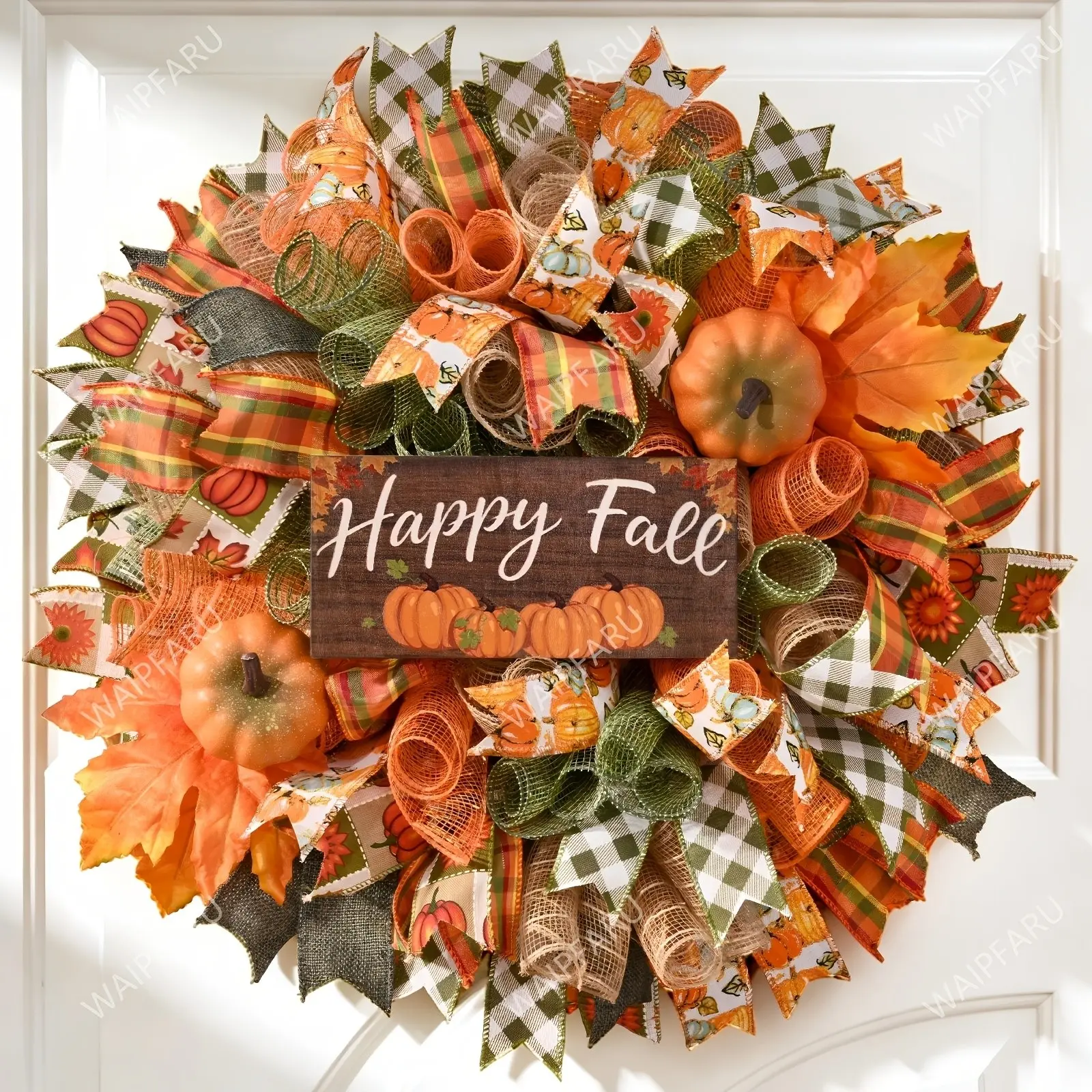 Autumn Front Door Wreath, Mesh Material with Wooden Sign, Fishing Net and Pumpkin Decor, Festive Decoration, Perfect for Thanksgiving and Halloween Home Decor, Holiday Decor