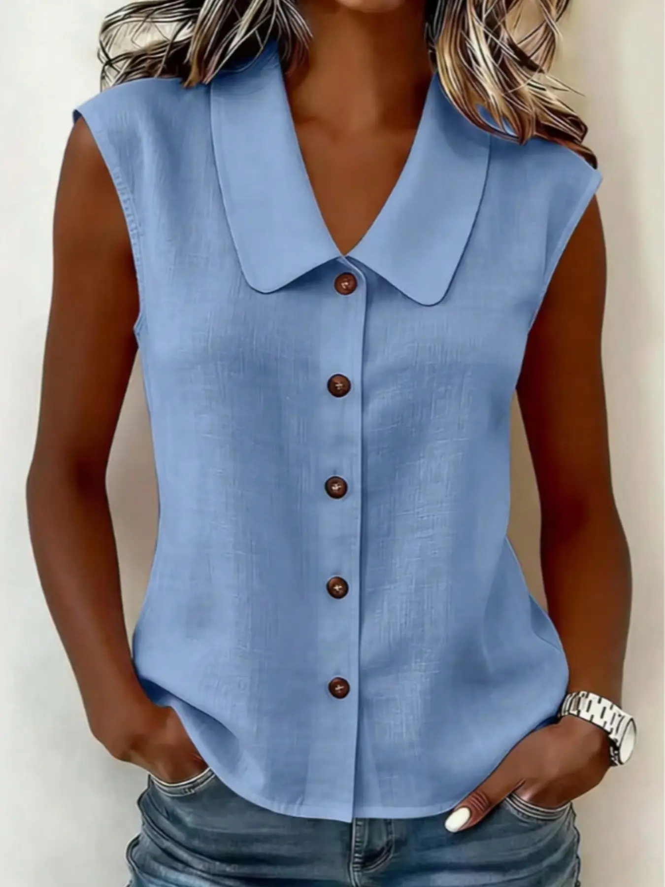 Elegant Slim Sleeveless Women's Button Shirt Blouses, Solid Color Casual Work Vest Top, Perfect for Commute Wear, Fashionable and Comfortable, Model 10527