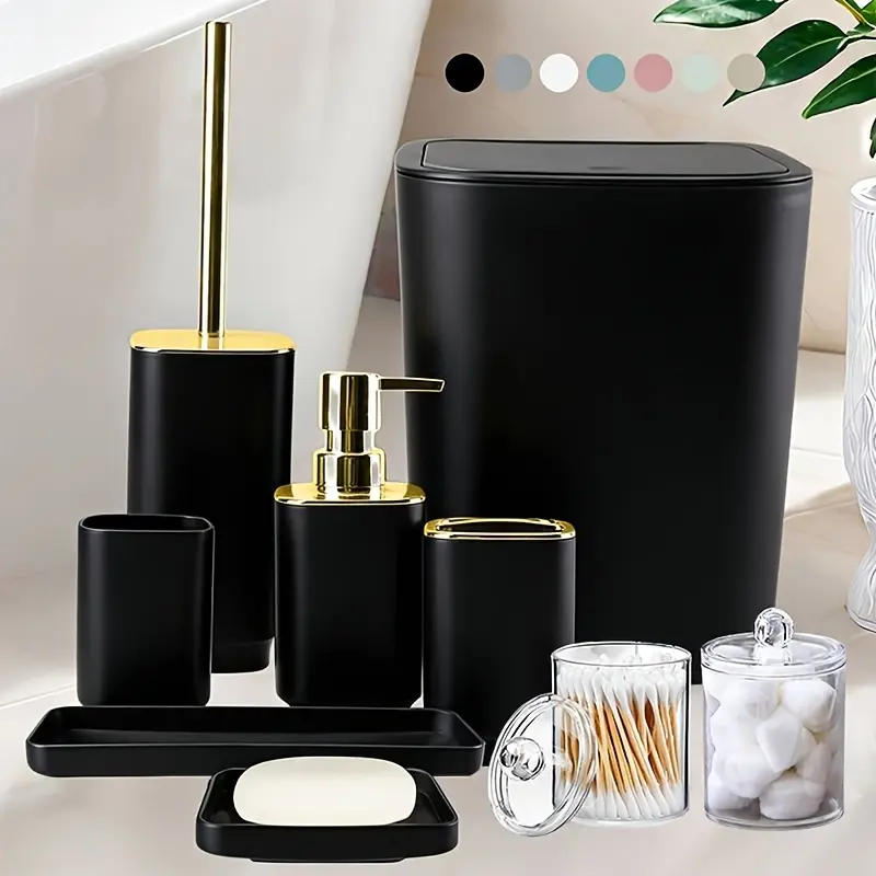 Bathroom Accessory Set, Home Bathroom Cleaning And Storage Kit with Soap Dispenser, Toothbrush Cup, Toothbrush Holder, Soap Dish, Swab Box, Toilet Brush Holder with Base, Trash Can, And Storage Tray. Plastic Material with Gold Plated Plating