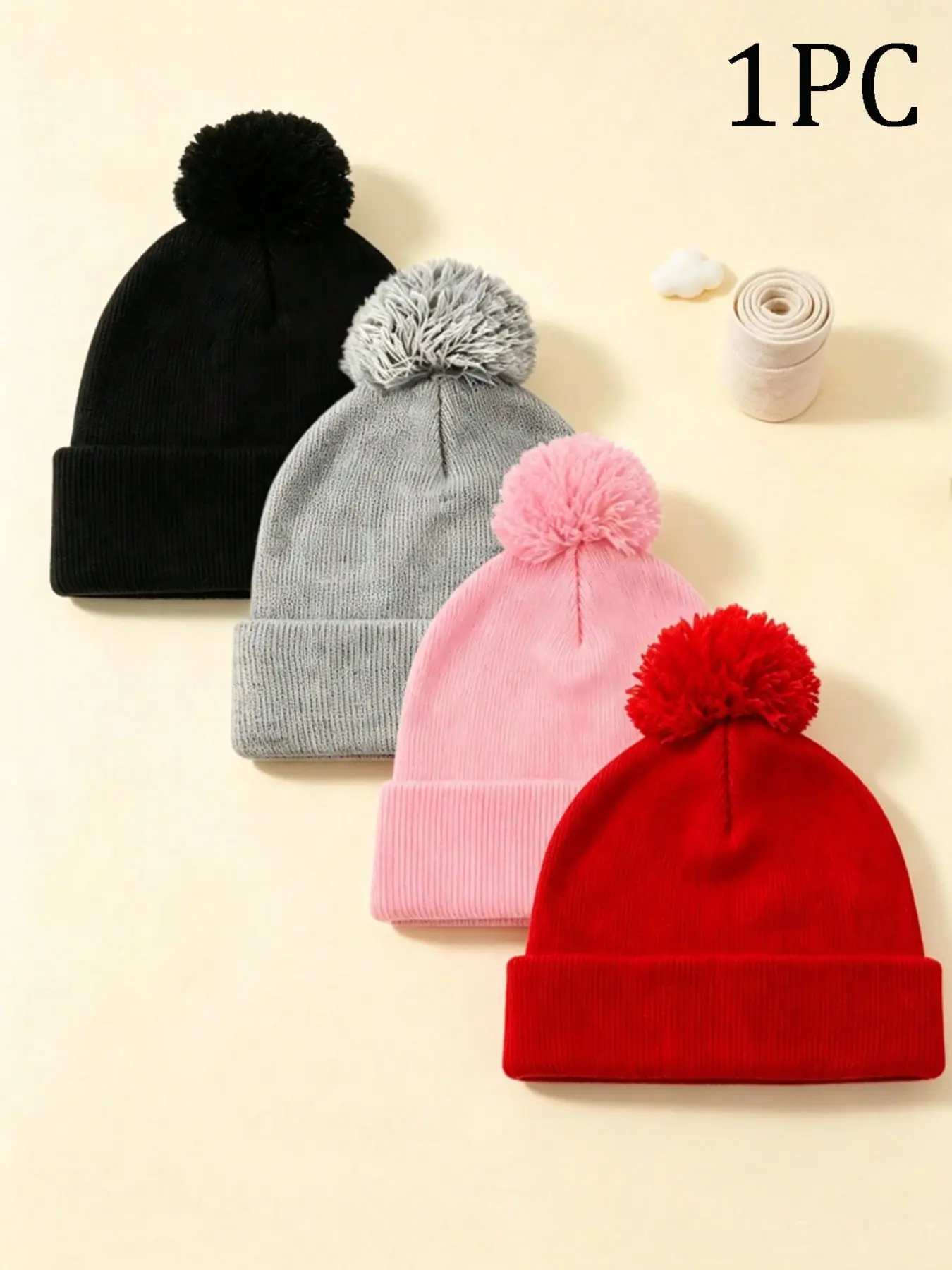 1PC multi-color selectable pompom knitted hat, Cuffed Winter Beanie, Vertical Stripe Skull Cap For Boys & Girls Aged 5-18, Soft Warm Accessory For Daily Wear, Thoughtful Gift For Christmas And Holidays, Stretchy Beanie