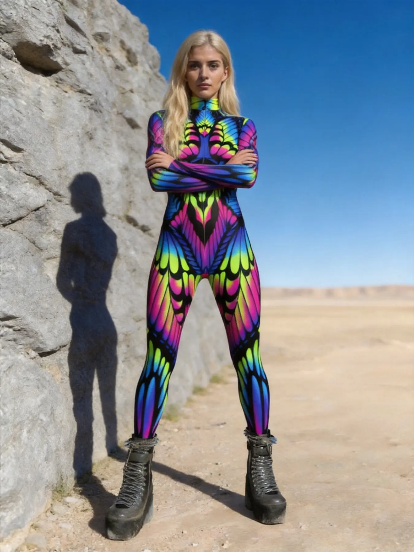 Women's Tight Sexy Statement Bodysuit, Versatile Wear, Y2K Cyberpunk Aesthetic Fashion Style, Rainbow Butterfly Print, Glow-In-The-Dark Party Costume, Halloween Festival