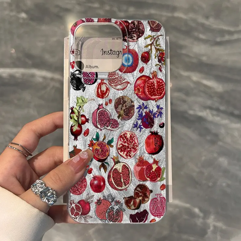 Pomegranate pattern feather mesh phone case, drop-resistant and durable, stylish and trendy, high-look protective case, a gift, personalized, suitable for iPhone 17/16/15/14/13/12/11/X/XS/XSMAX, a holiday gift for friends, family, and yourself