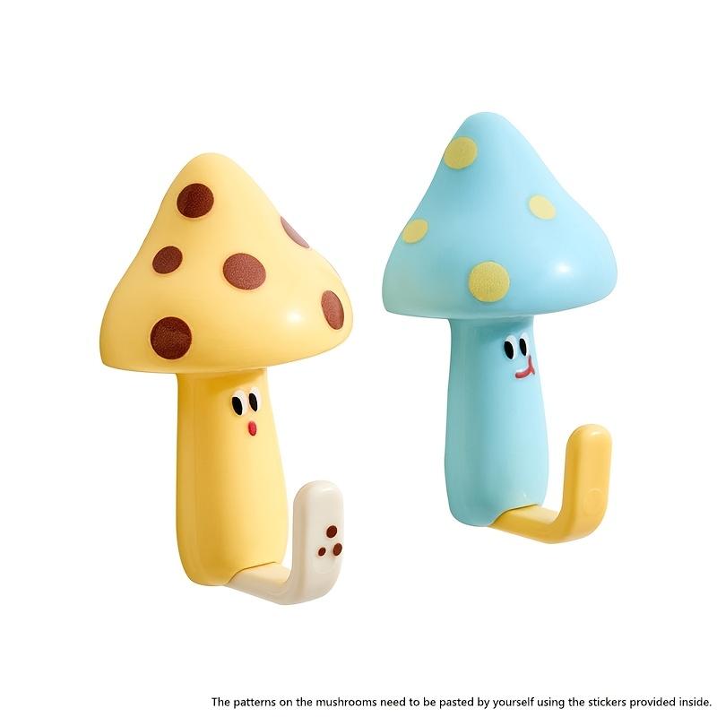 Set of 4Cute Cartoon Mushroom-Shaped Hooks, Self-Adhesive And No-Drill Wall-Mounted Hooks, Creative Key Holders, Coat And Towel Storage Racks, Bathroom And Kitchen Wall Decor (Blue + Yellow)