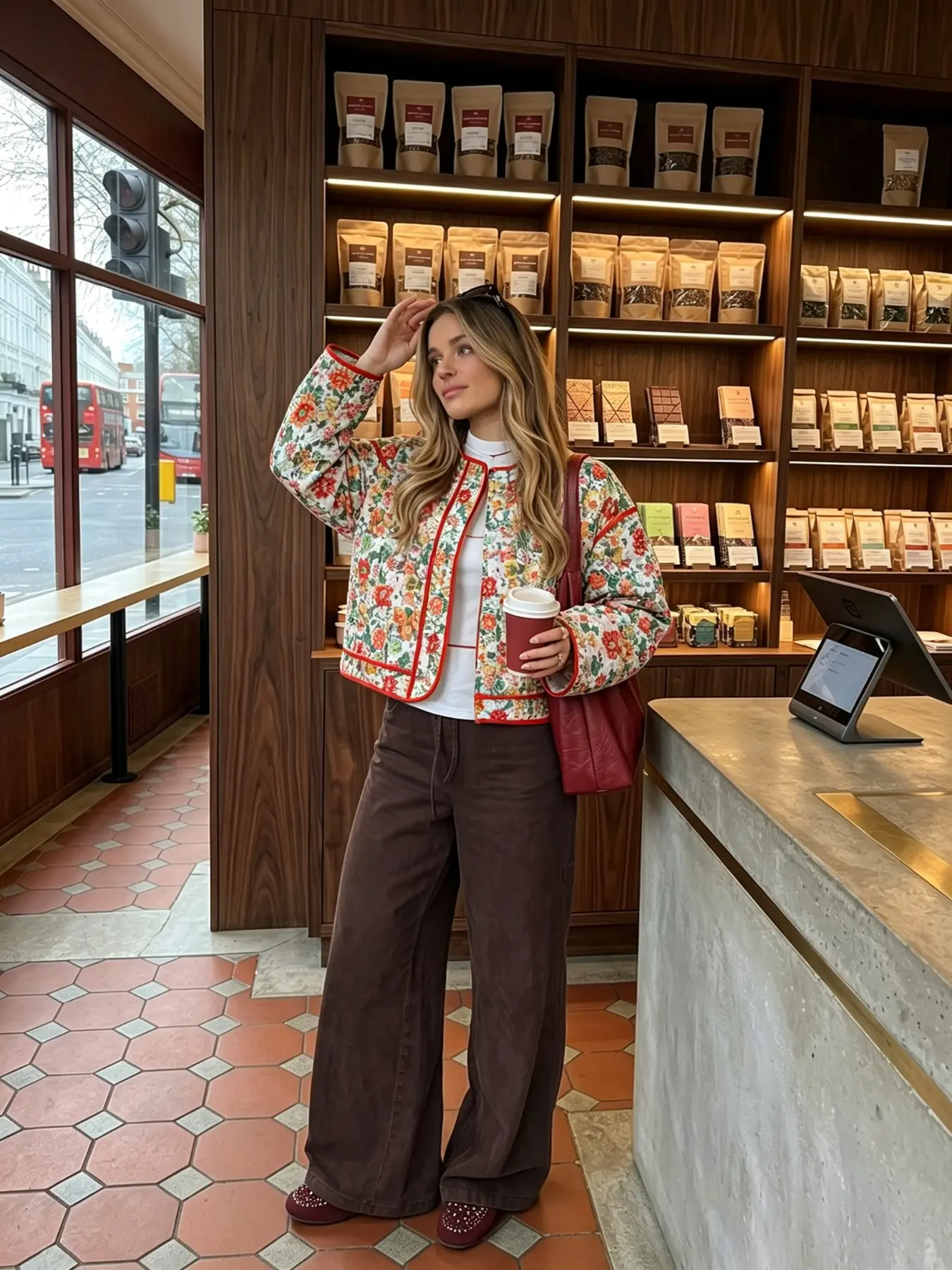 New Women's Round Neck Floral Print Quilted Short Jacket, Contrast Binding Long Sleeve Cardigan, Loose Fit Casual Rural Style Outerwear