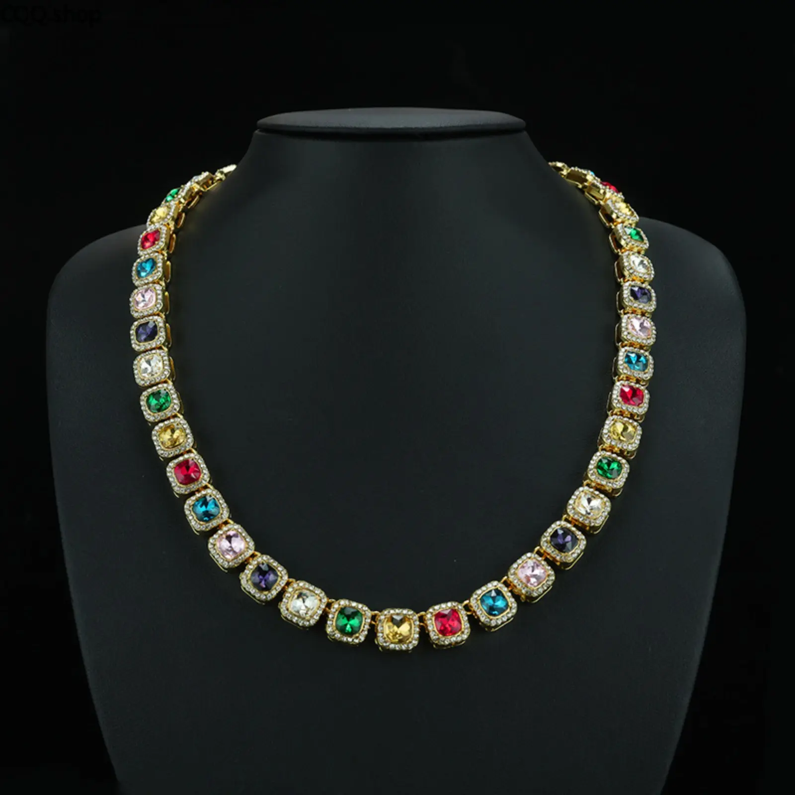 10mm Colorful Iced Out Sugar Cube Cuban Link Chain - Square Crystal Rhinestone Necklace, Trendy Hip Hop Jewelry for Street Dance & Urban Outfits (Sports & Outdoor Accessory)
