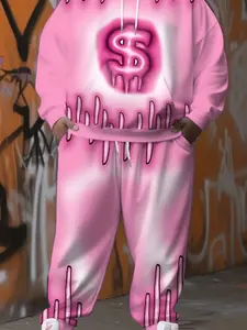 American Sweet Cool Melted Gel Letter Full Print Hoodie and Sweatpants Set, Loose-Fitting Asymmetrical Design, Fall & Winter Streetwear