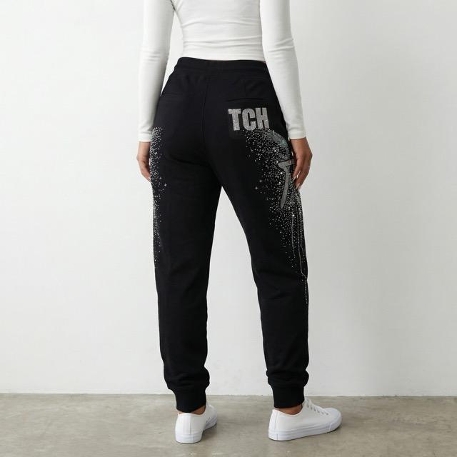 Sparkly Crystal Fringe Joggers - Cyber Y2K Streetwear - Black Moto Wings Detail Sweatpants