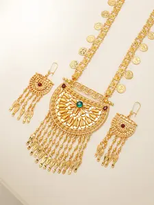 Boho Dubai Rhinestone Moon Pendant Necklace Set, Women's Turkish Kurdish Coin Necklace, Ethiopian Bride Wedding Jewelry, African Festival Jewelry, Jewelry Sets