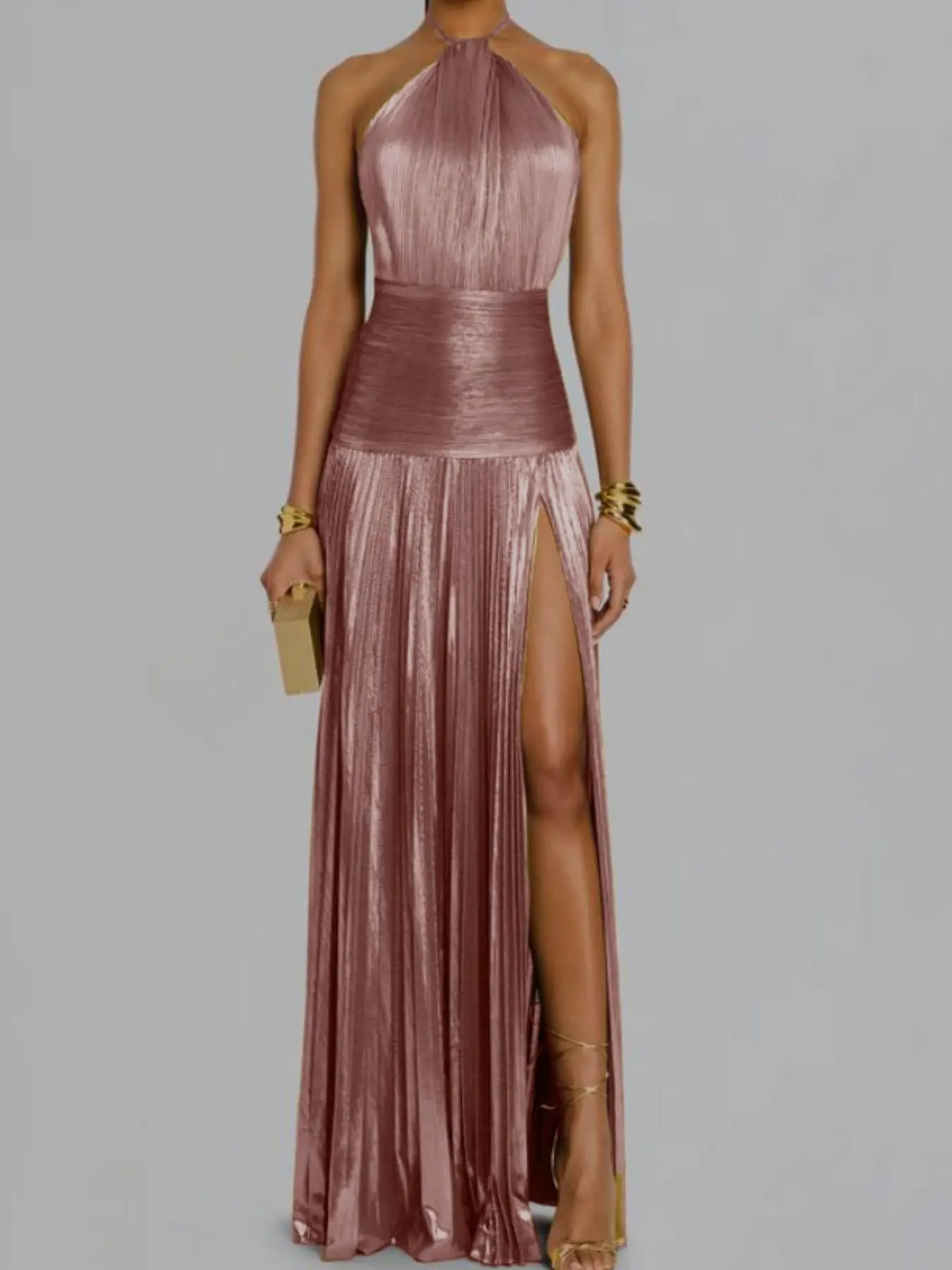 2026 New European and American Women's Fashion Chic, Metallic Color Pleated Split Tie Halter Neck Dress, Sleeveless Backless Evening Formal Design, Formal Wear