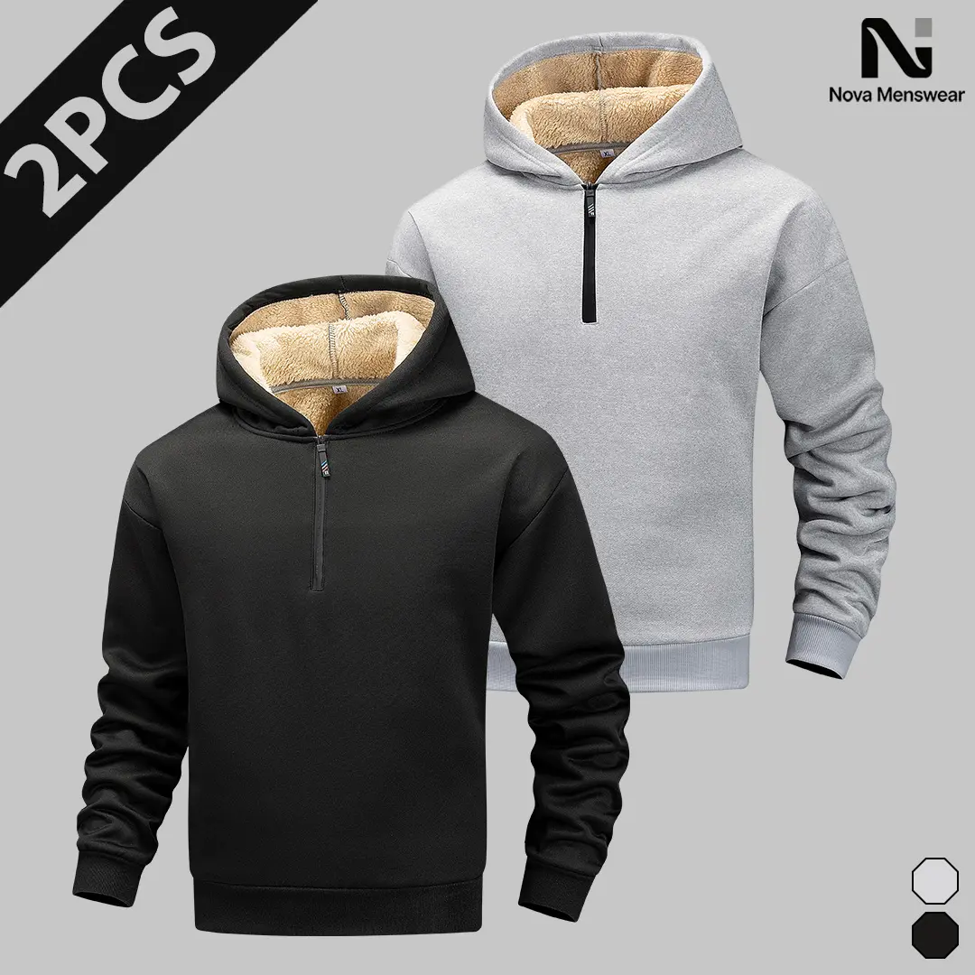 Men's Sherpa Lined Quarter Zip Hoodies, Thick Warm Fleece Lined Pullover Hooded Sweatshirts, Loose Fit Windproof Thermal Casual Outerwear, Soft Cozy Winter Daily Layering Hoodies for Men, Mens 2 Pack Sherpa Lined Hoodies Bulk Menswear Outfit Set Stylish