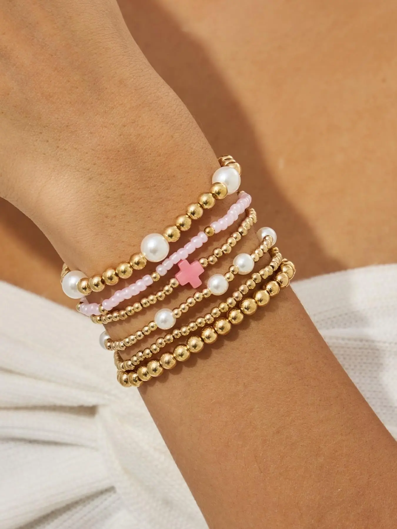 6 Piece Beaded Bracelet Set, Pearl Cross Bead Decor, Stackable Fashion Jewelry, Perfect for Daily Wear and Parties, Women's Accessories